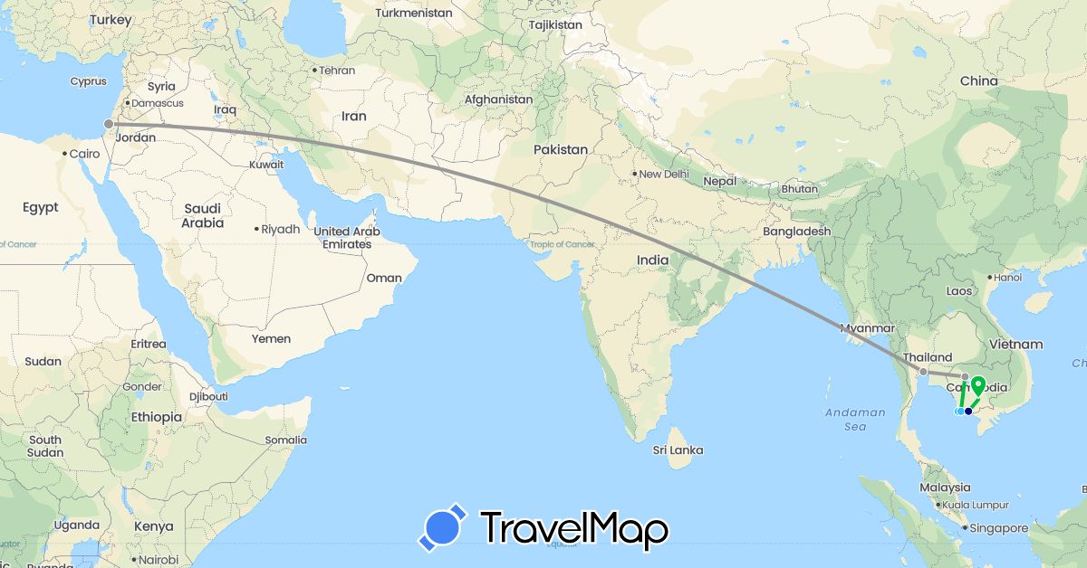 TravelMap itinerary: driving, bus, plane, boat in Israel, Cambodia, Thailand (Asia)